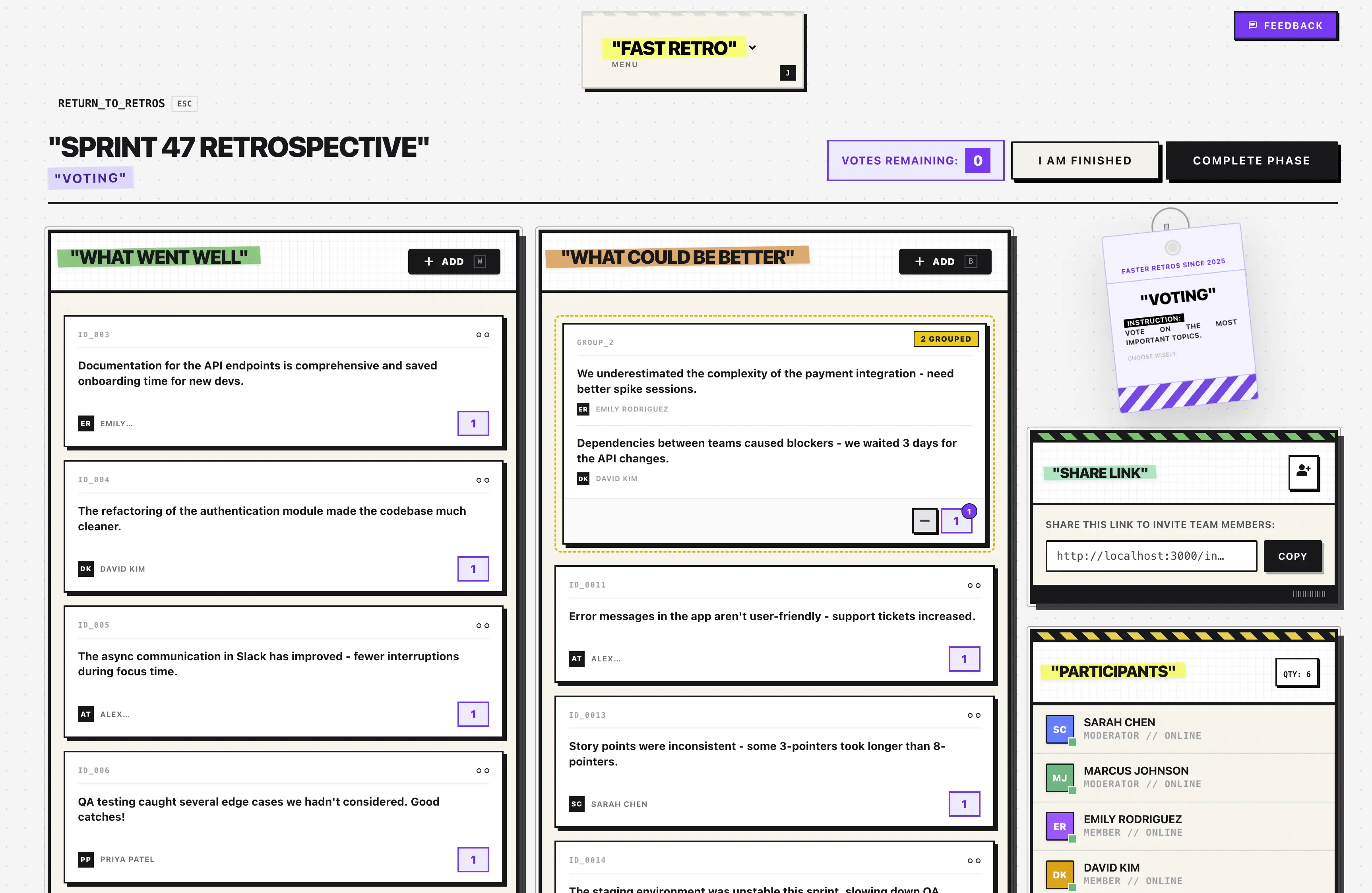 Fast Retro retrospective interface showing brainstorming phase